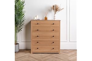 Home Treats Wooden Storage Unit, Chest of 5 Drawers for Bedroom, Office, Living Room, Anti-Bowing Support (5 Drawer)