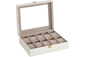 SONGMICS Pudełko na zegarek z 10 przegródkami, koperta na zegarek, szklana pokrywa, koperta na zegarek, wyjmowane poduszki na zegarek, metalowe zapięcie