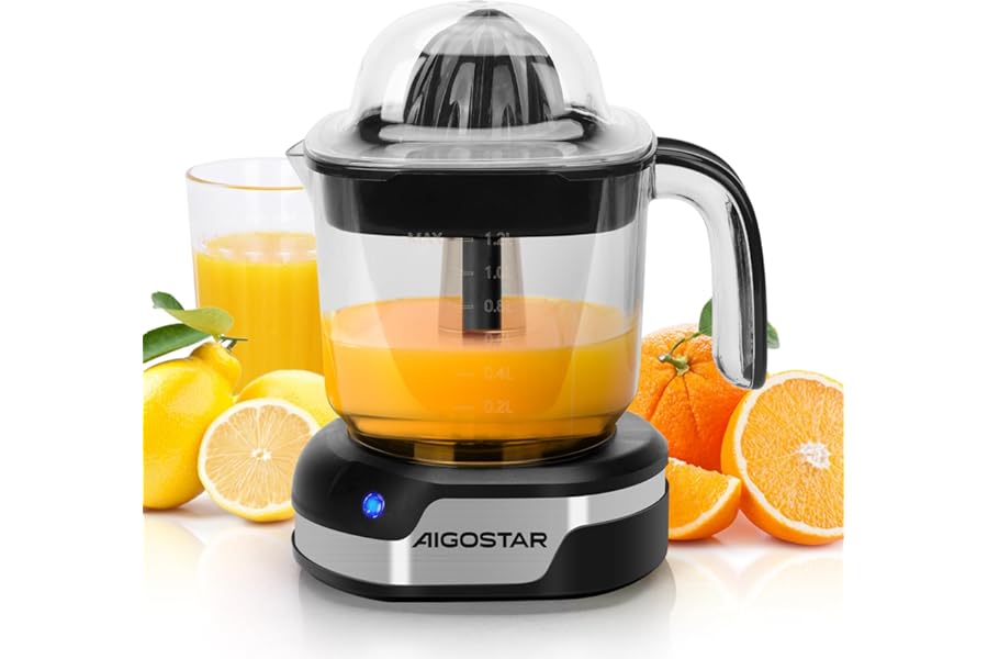 Aigostar 1.2L Orange Juicer Electric Citrus Juicer with LED Working Lamp, 2 Citrus Cones, Two Way Rotation, Filter, Lemon Squeezer Press for Orange Lemon Lime Grapefruit, Black - Juicy 30G4F