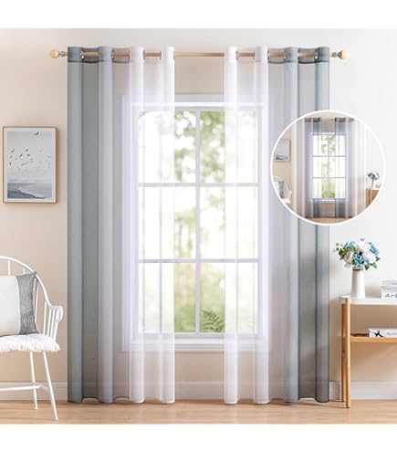 Hiseng Voile Vorhänge 2er Set - Halbtransparent Mit 3D Meer Motiv
