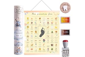 LParkin Affiche Mes Premières Fois à Tamponner - Cadeau Naissance et Baptême pour Garçons et Filles, Décoration Chambre Bébé, Boîte à Souvenirs (Affiche + Cadre + Tampon + Encreur + Boîte à Dents)