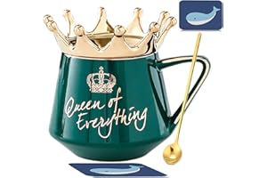 Arawat Queen of Everything Filiżanka z pokrywką, słodka filiżanka, prezent z koroną, zielony kubek do kawy z łyżeczką i podstawką, 350 ml, ceramiczny kubek do herbaty, prezent urodzinowy dla kobiet,