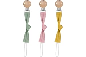 Bestomrogh 3 Stück Schnullerkette Stoff Set, Schnullerband Bio-Baumwolle und Holz, Schnullerketten mit Buchenholz Clip für Jungen und Mädchen, Schnullerband Baumwolle(rosa ingwergrün)