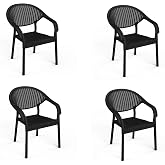 4 Adet Bambu Plastik Rattan Bah&ccedil;e Balkon Teras Sandalyesi Gizli Metal Profil Ayaklı Kollu Sandalye Bah&ccedil;e Koltuk (Siyah)