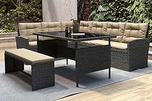 Concept-Usine - Conjunto de Muebles de Jardín Esquinero de Resina Trenzada para 8 Personas Gris Oscuro y Crudo de Diseño Moorea Beige - Mesa + Banco - Cojines Extraíbles Impermeables