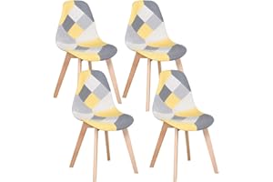 GrandCA HOME Pack de 4 Sillas de Comedor Sillas de Cocina, con Patas de Madera, Sillas de Tela Patchwork con Cojín de Asiento Acolchado, Amarillo