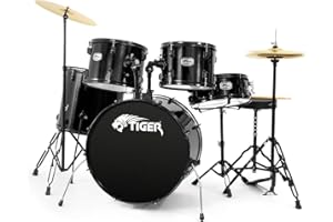 TIGER DKT28-BK Full Size Acoustic Drum 22" Bass Drum Kit with Stands Stool Sticks & Cymbals - Black