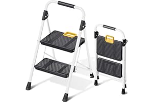 KINGRACK 2 Step Folding Ladder, 800lbs Capacity Step Stool with Safety Lock, Non-Skid Wide Pedals, and Handrail, Lightweight, Household Ladder for Home, Kitchen, Pantry, Closets, and Office Use, White