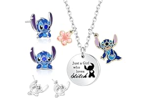 BITOWO Stitch Necklace for Girls Kids Women Stitch Earrings for Girls Studs Gifts Jewellery Set Anime Earrings Studs Blue Ear Studs Set Cute Necklaces for Teenage Girls Gifts Friendship Christmas Eve Fillers