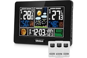 Umitive Stazione Meteo con 3 Sensore Esterno Interno, Meteorologica Display a Colori con Allarme, Temperatura, umidità, Data, Barometrico, Previsioni di Tempo, Sveglia e Fase Lunare