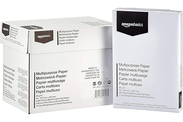 Amazon Basics Papel multiusos para impresora A4 80gsm, 2500 Unidad, 5 Paquetes de 500, Blanco