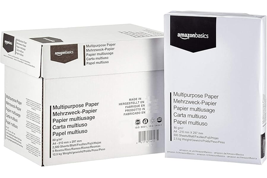 Amazon Basics Multi-Purpose Copy Printer Paper, A4 80 GSM, 2500 Count (Pack of 5), White