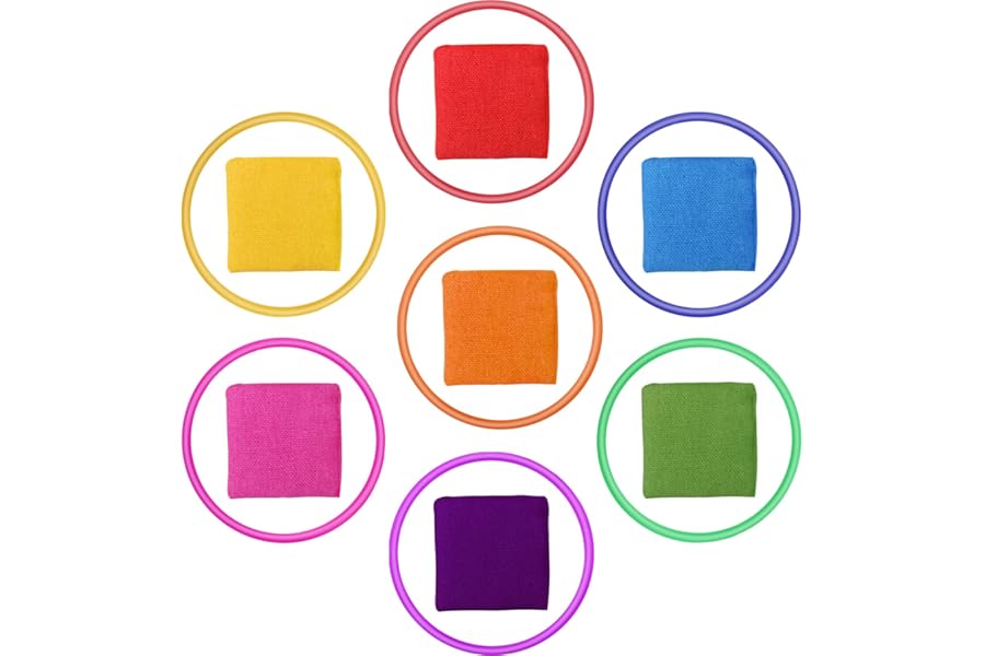 FRIUSATE 14Pcs Throwing Game Set,7Pcs Nylon Bean Bags (5 * 5CM) 7Pcs Plastic Toss Rings Colorful Kids Beanbag Toss Game Carnival Toys for Toddlers Kids Indoor Outdoor Activities