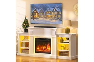 YITAHOME 72" Cheminée électrique avec Chauffage, Effet Flamme 3D réaliste Éclairage, Meuble TV LED avec étagères en réglables, Télécommande Minuterie Thermostat, Blanc