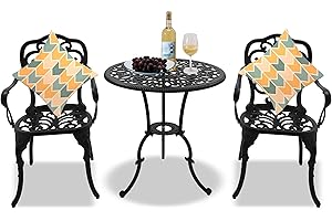Homeology BANGUI Garden & Patio Table & 2 Large Chairs with Armrests Cast Aluminium Bistro Set - Black