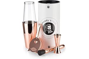 Buddy´s Bar – „Boston Bar-Set“, 700 ml, Boston Cocktail-Shaker, Barmaß, Stößel, Barsieb, lebensmittelecht, Bar-Set inklusive Geschenkbox, Kupfer poliert