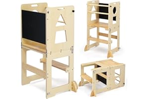 LEADZM Tour d Observation Enfant Pliable Montessori，Tour d'apprentissage，Enseignement Complémentaire en Géométrie，Sécurité Anti-Bascule & Design en Bois Robuste pour Cuisine, Espace Enfant（Nature）
