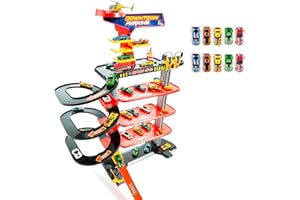 M MOLTO MOLTO | Parking de Juguete 5 Plantas Downtown + 10 Coches – Rampas, Bucles y Pista de Alta Velocidad – Estaciones de Servicio y Plataforma para Helicóptero