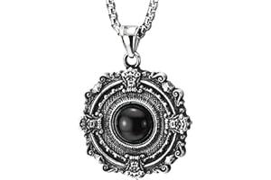 COOLSTEELANDBEYOND Vintage Griechischen Schlüsselmuster Kreis Medaille Anhänger Edelstahl mit Schwarz Onyx Tribal Wirbel Welle Muster