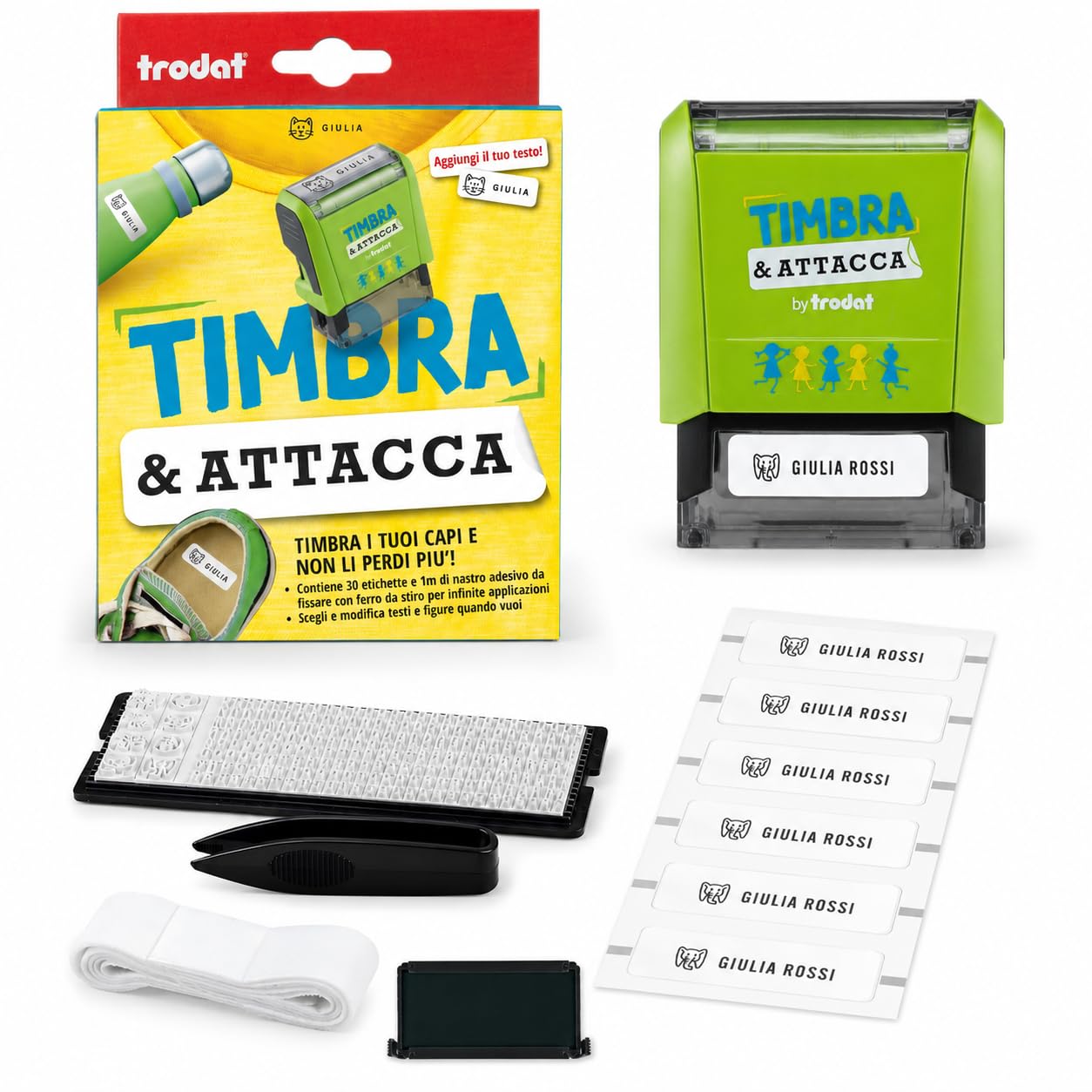 Trodat Timbra e Attacca, Timbro Vestiti Bambini Asilo per creare Etichette Adesive Personalizzate, per Set Asilo Personalizzato, Timbro, Caratteri, Pinzetta, Nastro Termoadesivo, 30 Etichette Adesive