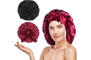 Unaone 2 Pack Silk Bonnet Satin Bonnet, Large Satin Sleep Bonnet with Long Strap, Adjustable Sleep Cap Hair Bonnet for Women & Men, Black+Wine Red