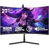 Gawfolk Curved Gaming Monitor 27 Inches, FHD Resolution, 250 Hz | 1800R Curvature, 1ms Response, FreeSync, 98% sRGB, Built-in