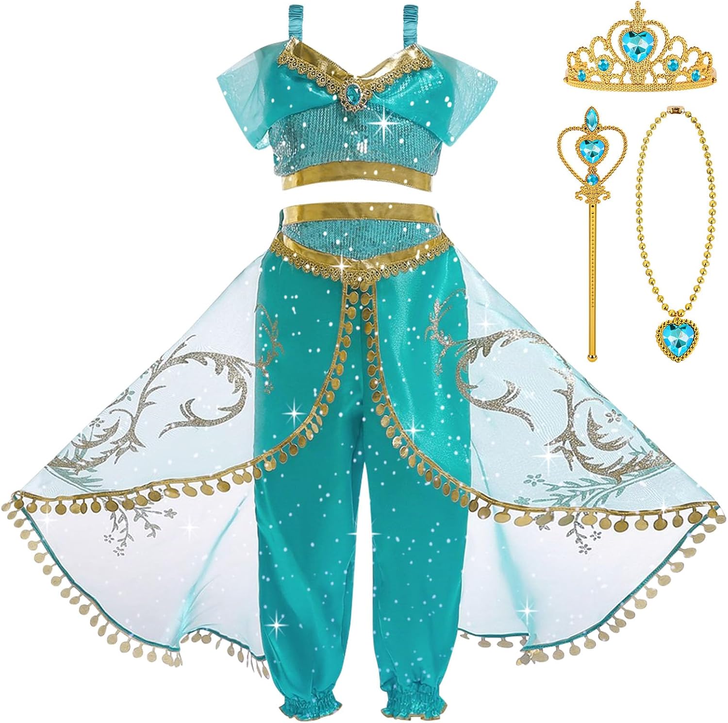 BSBUY Disfraz de Princesa Jazmín para Niña, con Cetro y Corona, Ropa Niña Halloween Cosplay Cumpleaños Carnaval Fiestas Danza del Vientre