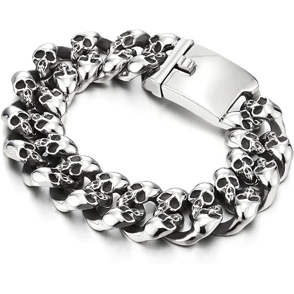 Bracciale Teschio In Acciaio Inox | Uomo | Catena Bicicletta Style | Colore Argento | 97g - Foto 12