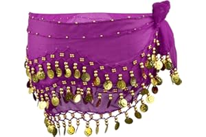 Wisebom Ceinture Danse Orientale Femme, Écharpe de Hanche en Mousseline avec 128 Pièces d'or, Jupe de Danse du Ventre (FR/ES, Alpha/Lettres, Taille Unique, Taille Normale, Taille Normale, Violet)