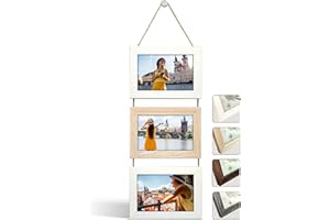 NEOWS Portafotos Múltiple Decorativo para Colgar en Pared - Marcos de Fotos Multiples de Madera Con Cuerda - Collage Portarretratos Colgante - Fotos 10x15 cm (Blanco y Roble, 3 Fotos Horizontal)