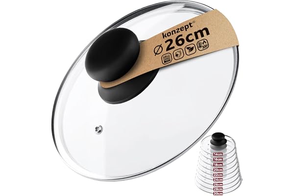 Couvercle pour casserole et poêle en verre transparent résistant, Tailles variées 14-30cm, Poignée, Trou vapeur, Va au lave-vaisselle (26 cm)