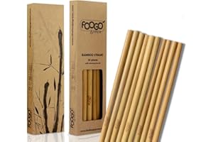 FOOGO Green 10 Pailles en bambou avec brosse de nettoyage, réutilisables, de 20 cm de long, de 2 diamètres, pour boissons à base de jus et smoothies, 100 % naturelles, respectueuses de l'environnement
