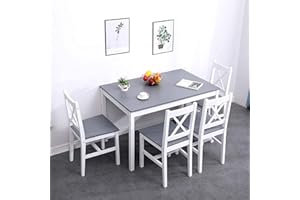 DlandHome Esstisch mit 4 Stühlen, 5-teiliges Küchenmöbel-Set, aus Kiefernholz, Grau/Weiß