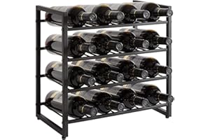 IBUYKE Botellero De Metal Apilable,4 Niveles 16 Botellas,Botellero Vino Estilo Industrial, Organizador De Vino Presentación para Bodega, Sala De Estar Y Cocina,Negro TMJ903H