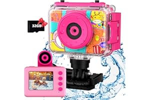 USHINING Kids Waterproof Camera - Kids Digital Underwater Camera 20MP 180 Rotatable Action Sport Camera 1080P HD Camcorder 32GB SD Card, Bithday Gifts for Girls Aged 4,5, 6, 7, 8-12 Years Old-Pink