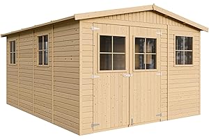 Abri de Jardin en Bois Naturel - Stockage extérieur avec fenêtres- H226x324x416 cm/12 m² Hangar en Bois Naturel - Atelier Rangement Outils et vélos- TIMBELA M336