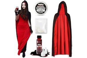 Festicy Set Completo Costume Vampiro da Bambino e Adulto con Mantello 140cm, Denti Finti Vampiro, Trucchi Viso Halloween, Sangue Finto Lavabile 25ml I Accessori Perfetti per Maschere Halloween 2024