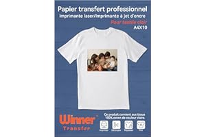 WinnerTransfer A4 x 10 feuilles Papier transfert professionnelle pour textile blanc et clair, compatible imprimante jet d'encre et laser, impression non miroir (FR-WT-2-6.0-10)