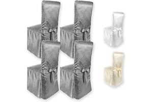 Gräfenstayn® Zestaw 4 pokrowców na krzesła Sofia z kokardką, wzór żakardowy, okrągłe i kwadratowe oparcia krzesła, uniwersalne dopasowanie (antracytowy)