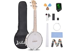 Mulucky Banjolele MBU-807 - Banjo Ukulele a 4 corde, dimensioni 58 cm, retro chiuso in legno massello, kit per principianti con truss rod Gig Bag, accordatore e plettri con cinturino