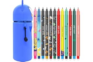 HTGWCG Lot de stylos gel effaçables + Kawaii Trousse Ecole 2 en 1, Noël Erasable Ink Pens avec encre effaçable thermosensible, 0,7 mm (Bleu + 12 stylos effaçables -)