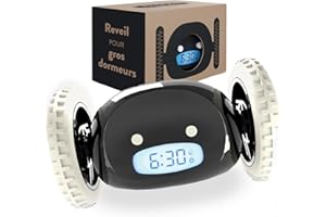 CLOCKY Réveil Matin Roulant Forte Sonnerie Reveil Puissant Gros Dormeurs pour Sourd Tres Bruyant Chambre Adulte Enfant Adolescent Reveil LED Roule Saute, Cadeau Amusant (Noir)