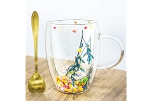 Afitdon Tasses à double paroi - Motif fleur éternelle - Tasse en verre à double paroi avec cuillère - Tasse à café à double paroi pour cappuccino, latte macchiato, thé, glace et lait - Cadeau pour