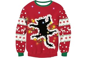 TUONROAD Męski rozświetlony świąteczny sweter damski nadruk 3D z długim rękawem okrągły dekolt dzianinowy świąteczny sweter, Kot, M