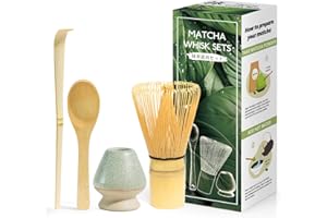KURKIP 4-częściowy japoński zestaw do ceremonii matcha, naturalna trzepaczka matcha, łyżka bambusowa, uchwyt na trzepaczkę, zestaw upominkowy na ceremonię parzenia herbaty - szarozielony