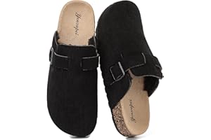YUHITYGZGS Corduroy Clogs Fuzzy Women Men Mules with Back Strap, Leather Closed Toe Sandals, Soft Cork Footbed Adjustable Buckle Potato Shoes, Memory Foam Fleece-Lined Warm Slippers