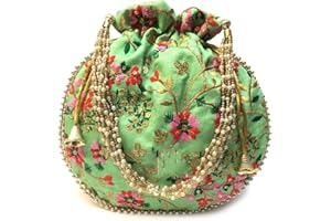 GULAAL ART Indian Handmade Flower Embroidered Olive green Cotton Potli Bag Clutch Purse Pouch Drawstring Bag For Women's Wedding Gift