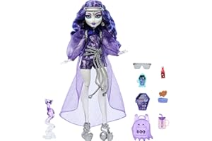 Monster High Spectra Vondergeist Doll with Pet Ferret Rhuen and Accessories like Backpack, Tablet, Snacks and More, HXH77