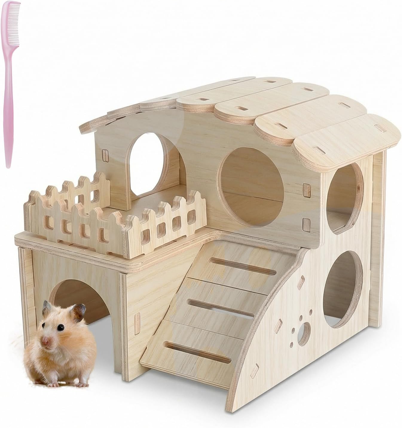 LOLANIUT Caseta hámster de Madera con Varias estancias, casa Laberinto para hámster Enano y jerbo con rampa y Niveles, Refugio y escondite Natural como Accesorios Jaula hámster para pequeños roedores