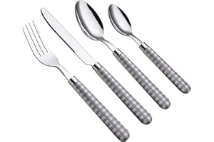 EXZACT Posate in acciaio inox 24 pezzi - Motivo a quadretti/Maniglie colorate - 6 x Forchette, 6 x Coltelli, 6 x Cucchiai Cena, 6 x Cucchiaini (24 x Grigio)